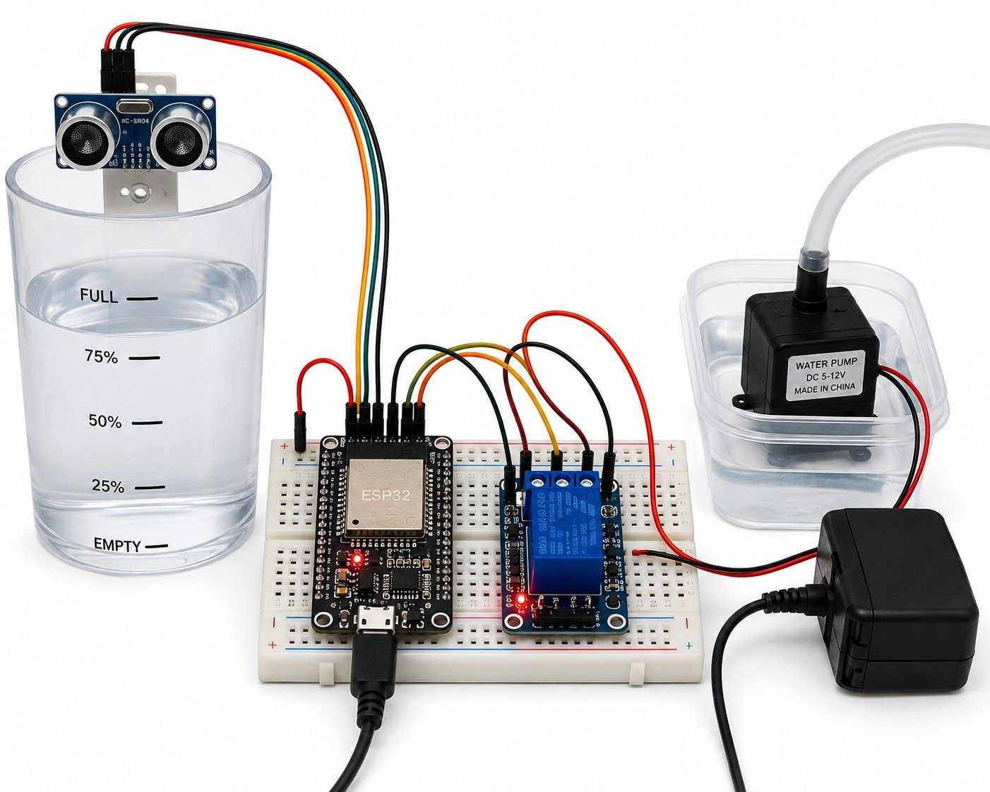 Smart Water Level Monitoring and Automatic Pump Control System Using ESP32